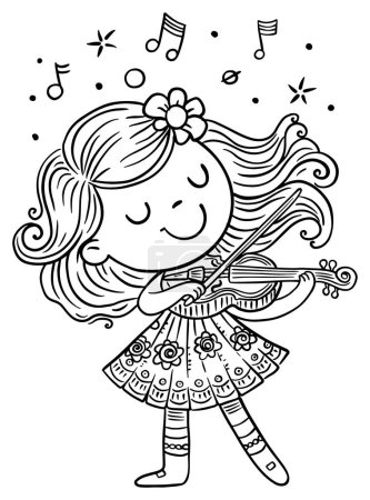 Cute cartoon girl plays music on the violin while standing on stage. Black and white vector illustration. Coloring book page for children