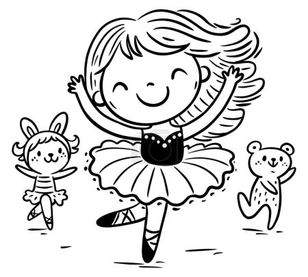 Ballerina girl. Cartoon little girl in tutu dress dances with toys. Child ballet dancer. Kids activities clipart. Isolated outline vector illustration. Coloring book page