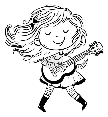 Illustration for Cartoon girl standing and plays guitar. Kids activities clipart. Outline vector illustration. Coloring book page for children - Royalty Free Image