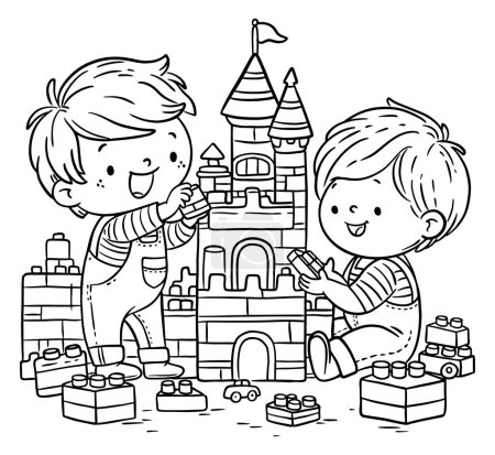 Illustration for Cartoon kids playing building blocks castle, cute little boys playing together. Black and white vector illustration. Coloring book page for kids - Royalty Free Image