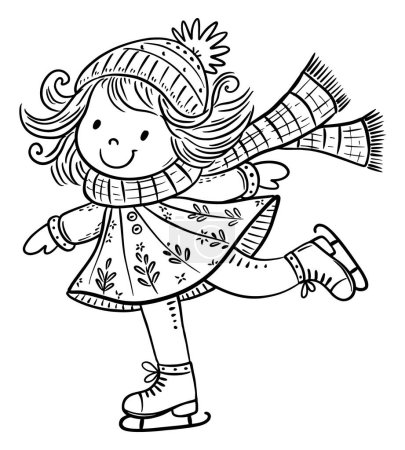 Illustration for Happy cartoon girl scating on ice in winter. Kids activities clipart. Isolated outline vector illustration. Coloring book page - Royalty Free Image