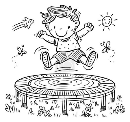 Téléchargez les illustrations : Dessin animé garçon heureux sautant sur trampoline. Kid activités en plein air clipart. Décrivez l'illustration vectorielle. Coloriage livre page - en licence libre de droit
