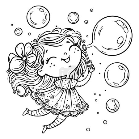 Téléchargez les illustrations : Caricature petite fille soufflant des bulles de savon. Clipart d'enfants. Décrivez l'illustration vectorielle. Coloriage livre page - en licence libre de droit