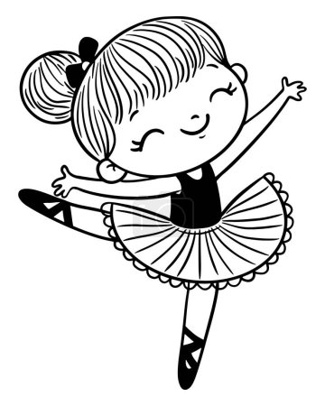 Cartoon ballerina girl outline vector illustration. Little girl in tutu dress dances, isolated black and white clipart. Child ballet dancer. Kids activities. Coloring book page