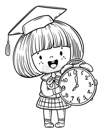 Ilustración de Un colegial de dibujos animados enseña a decir la hora y a leer un reloj. Niña diciendo la hora. Ilustración vectorial en blanco y negro - Imagen libre de derechos