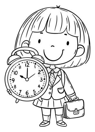 Illustration for Cartoon little schoolgirl teach how to tell time and read a clock. Kid telling time. Isolated black and white vector illustration - Royalty Free Image