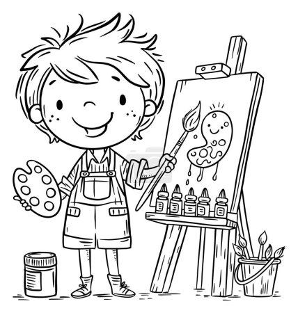Illustration for Cute cartoon little boy artist painting a picture on an easel. Isolated black and white clipart. Kids creative activities. Coloring book page - Royalty Free Image