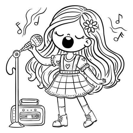 Illustration for Cute cartoon girl singing song into a microphone while standing on stage. Kids creative activities clipart. Isolated outline vector illustration. Coloring book page for children - Royalty Free Image