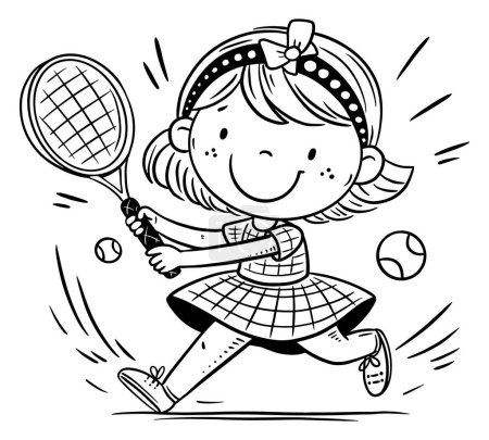 Illustration for Cartoon girl playing in tennis. Child tennis player clipart. Kids physical education, black and white vector illustration - Royalty Free Image