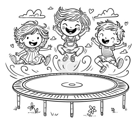 Téléchargez les illustrations : Dessin animé enfants heureux sautant sur trampoline. Enfants activités d'été clipart. Décrivez l'illustration vectorielle. Coloriage livre page - en licence libre de droit