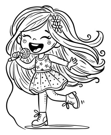 Illustration for Cute cartoon little girl with long flowing hair sings a song with a microphone in her hands. Isolated black and white illustration - Royalty Free Image