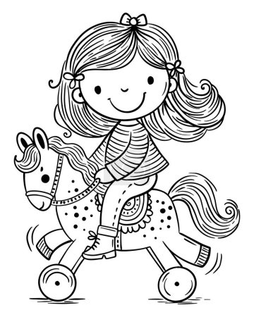 Illustration for Cute cartoon little child girl riding a toy horse. Isolated kids clipart, black and white illustration. Coloring page - Royalty Free Image