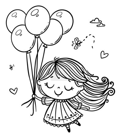 Ilustración de Cartoon little girl flying with balloons. Black and white kids birthday vector illustration - Imagen libre de derechos