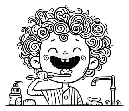 Cartoon little kid brush their teeth, hygiene procedures, daily routine. Black and white children healthcare vector illustration