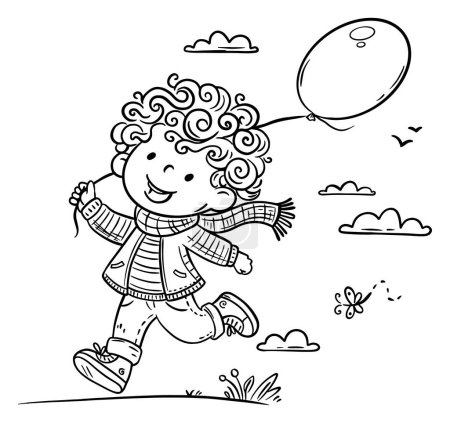 Illustration for Cartoon little child with balloons walking outdoors. Outline kids activities vector illustration - Royalty Free Image