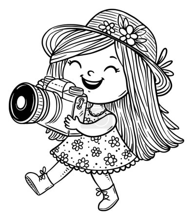 Ilustración de Linda chica fotógrafa de dibujos animados con una gorra. Ilustración de niños pequeños aislados en blanco y negro, pasatiempo, actividades infantiles - Imagen libre de derechos