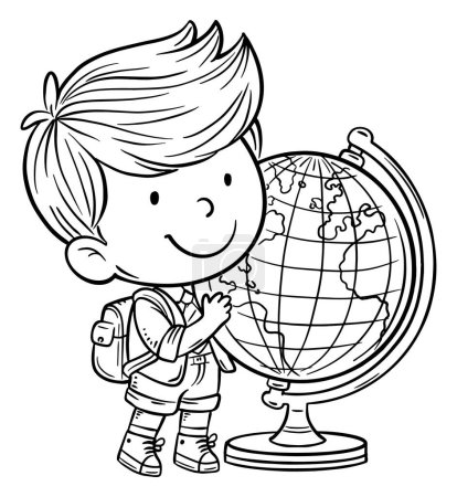 Illustration for Cute cartoon little boy with backpack and globe. Isolated black and white illustration with traveller child - Royalty Free Image
