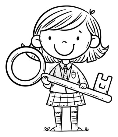 Illustration for Cute cartoon girl holding key. Isolated black and white illustration of child with key - Royalty Free Image