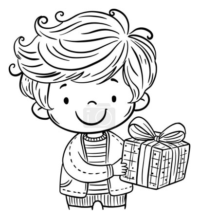 Illustration for Cute cartoon boy holding gift box. Isolated black and white illustration of child with present box - Royalty Free Image