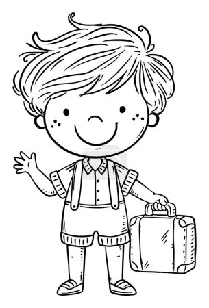 Illustration for Cute cartoon boy with suitcase. Isolated black and white illustration of traveller child - Royalty Free Image