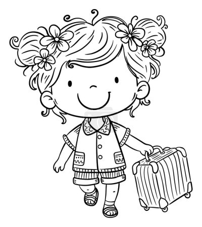 Illustration for Cute cartoon little girl with suitcase. Isolated black and white illustration of traveller kid - Royalty Free Image
