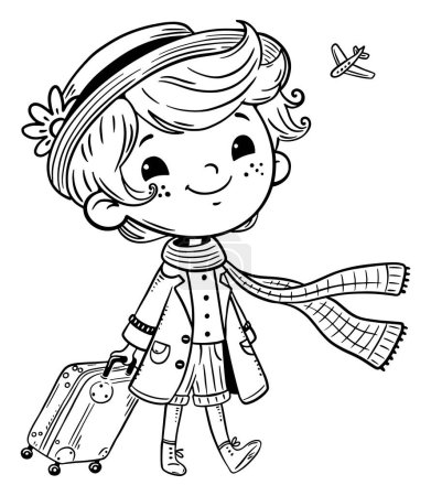 Illustration for Black and white cartoon illustration of traveller teen. Boy with suitcase goes on vacation - Royalty Free Image