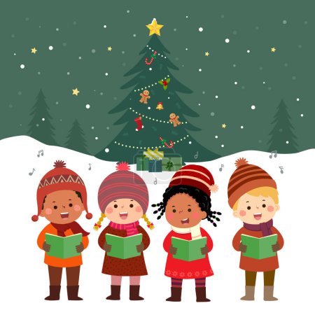 Téléchargez les illustrations : Joyeux enfants chantant des chants de Noël avec arbre de Noël - en licence libre de droit