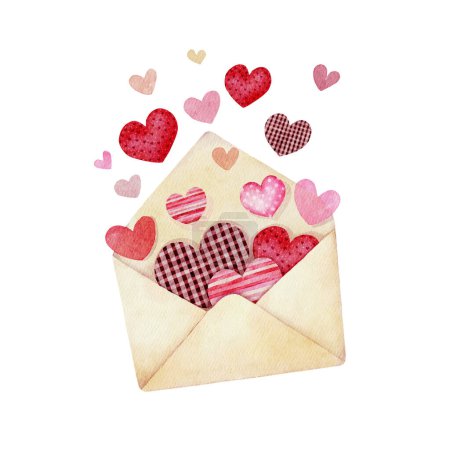Ilustración de Corazones que vuelan fuera del sobre abierto en estilo acuarela. Carta de amor para el día de San Valentín. - Imagen libre de derechos