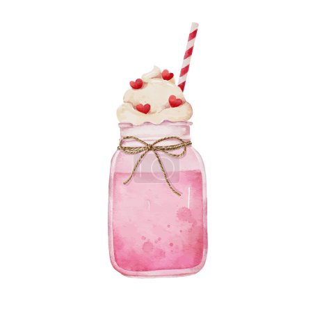 Illustration for Mason jar of strawberry milkshake with whipped cream for Valentines day. - Royalty Free Image