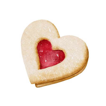 Téléchargez les illustrations : Biscuit Linzer en forme de coeur aquarelle rempli de confiture de fraises. Concept de Saint-Valentin - en licence libre de droit