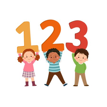 Ilustración de Niños de dibujos animados vectoriales llevando 123 números. Regreso al concepto escolar - Imagen libre de derechos