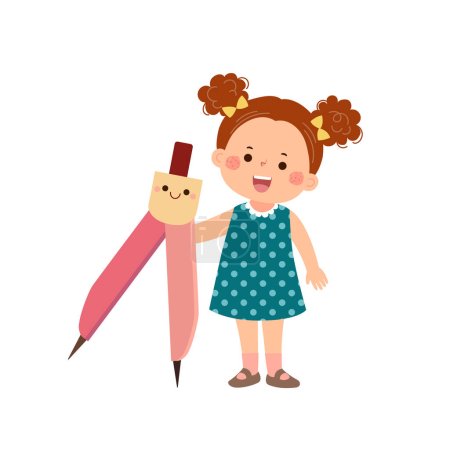 Vector de dibujos animados niña estudiante sosteniendo gran brújula divisor. Regreso al concepto escolar