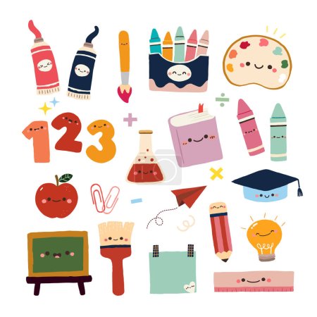 Illustration for Hand Drawn cartoon characters of school stationary Set 2. Back to school kawaii vector - Royalty Free Image