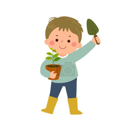 Téléchargez les illustrations : Dessin animé petit garçon tenant pelle de jardin et jeune plante en pot. - en licence libre de droit