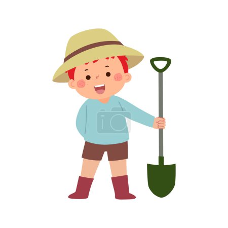 Illustration for Cartoon kid boy gardener with a shovel - Royalty Free Image
