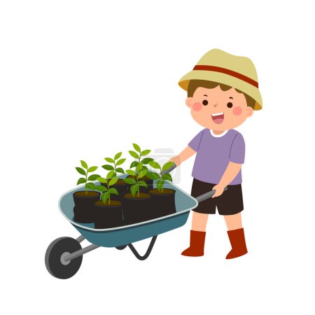 Téléchargez les illustrations : Dessin animé petit garçon poussant brouette pleine de jeunes plantes dans des pots - en licence libre de droit