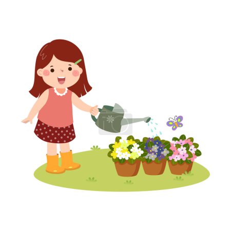 Illustration for Cartoon little girl watering flowers in pots - Royalty Free Image