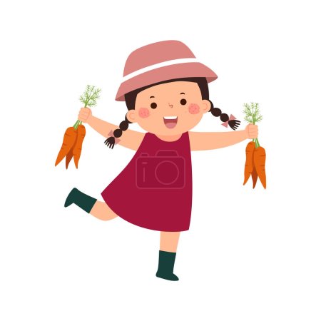 Illustration for Little girl farmer holding carrots. Kid gardening and harvesting - Royalty Free Image