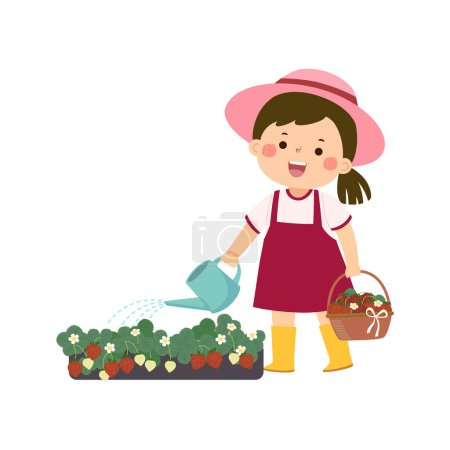 Téléchargez les illustrations : Petite fille tenant arrosoir et arrosage fraisiers. - en licence libre de droit