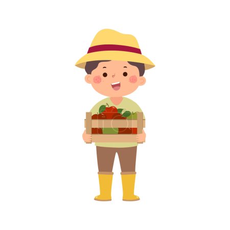 Ilustración de Jardinero niño sosteniendo caja de madera llena de frutas frescas - Imagen libre de derechos
