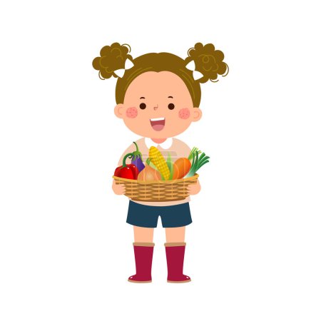 Téléchargez les illustrations : Fermier fille tenant panier plein de légumes frais - en licence libre de droit