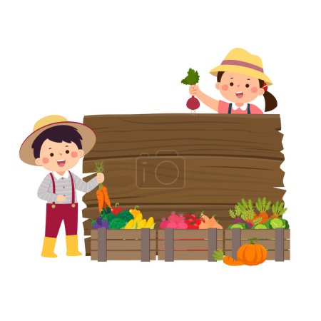Illustration for Farmer kids with wooden board and wooden boxes of vegetables - Royalty Free Image