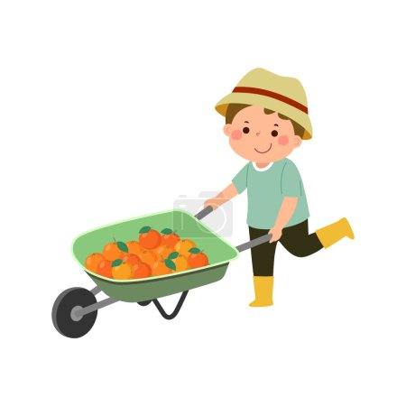 Téléchargez les illustrations : Petit garçon jardinier poussant brouette pleine d'oranges - en licence libre de droit