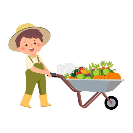 Téléchargez les illustrations : Petit garçon jardinier poussant brouette pleine de légumes - en licence libre de droit