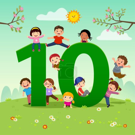 Illustration for Flashcard for kindergarten and preschool learning to counting number 10 with a number of kids. - Royalty Free Image