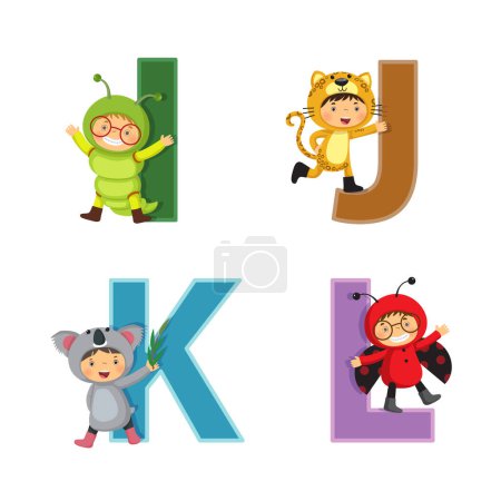Téléchargez les illustrations : Alphabet anglais avec enfants en costume animal, lettres I à L - en licence libre de droit