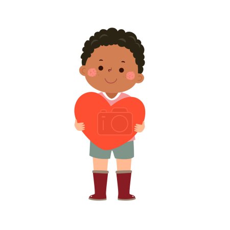 Téléchargez les illustrations : Dessin animé petit garçon tenant grand coeur rouge. Concept Saint-Valentin. - en licence libre de droit