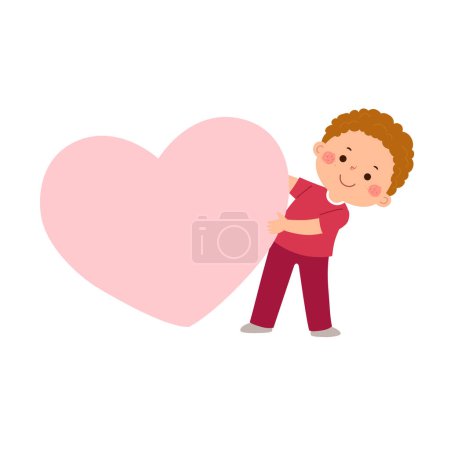 Téléchargez les illustrations : Dessin animé petit garçon au grand cœur rose. Concept Saint-Valentin. - en licence libre de droit