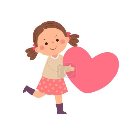 Ilustración de Niña de dibujos animados sosteniendo un gran corazón rosado. Concepto de San Valentín. - Imagen libre de derechos