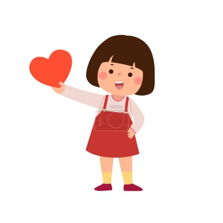 Téléchargez les illustrations : Dessin animé petite fille montrant le coeur rouge. Concept Saint-Valentin. - en licence libre de droit